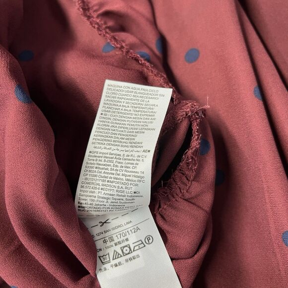 Old Navy XL Burgundy Long Sleeve Peplum Blouse Blue Polka Dots Drawstring Neck - Picture 6 of 6